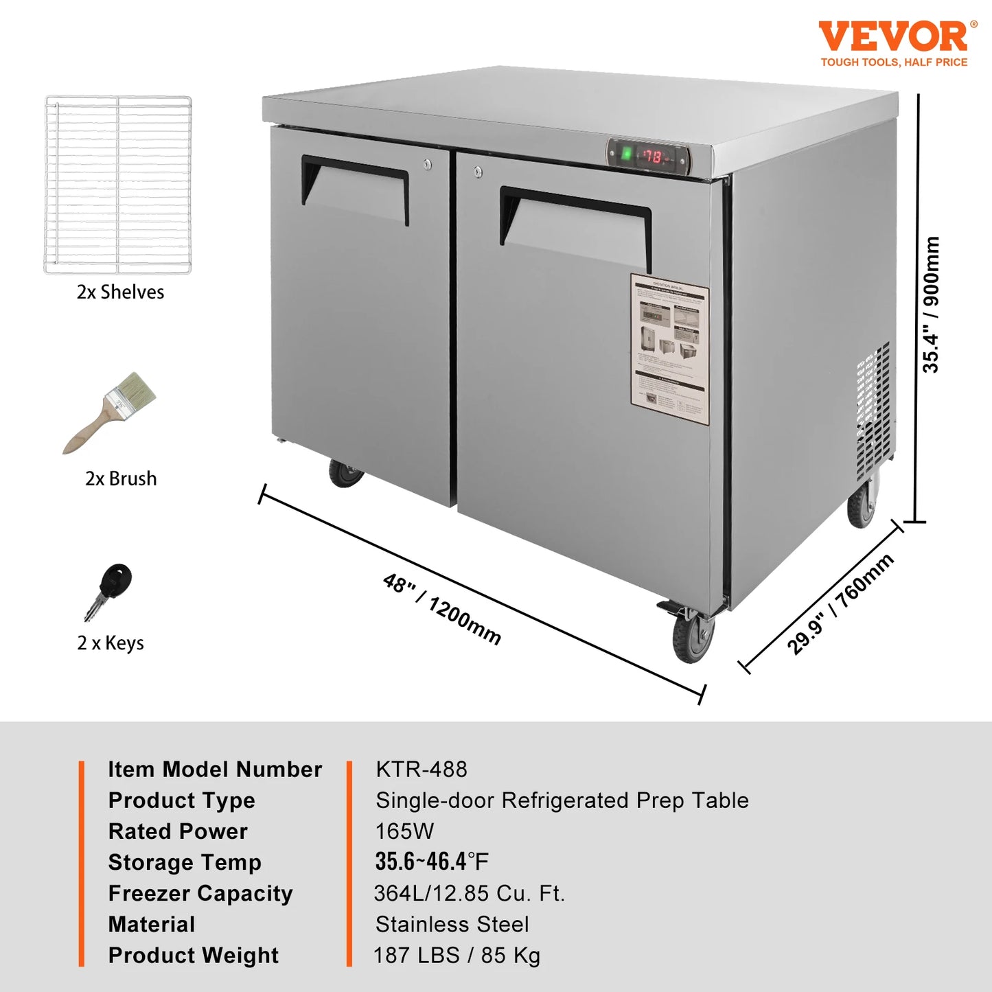 VEVOR 28" Undercounter Worktop Refrigerator 7.4 Cu. Ft Thick Stainless Steel Refrigerated Food Prep Station Fan Cooling for Bar