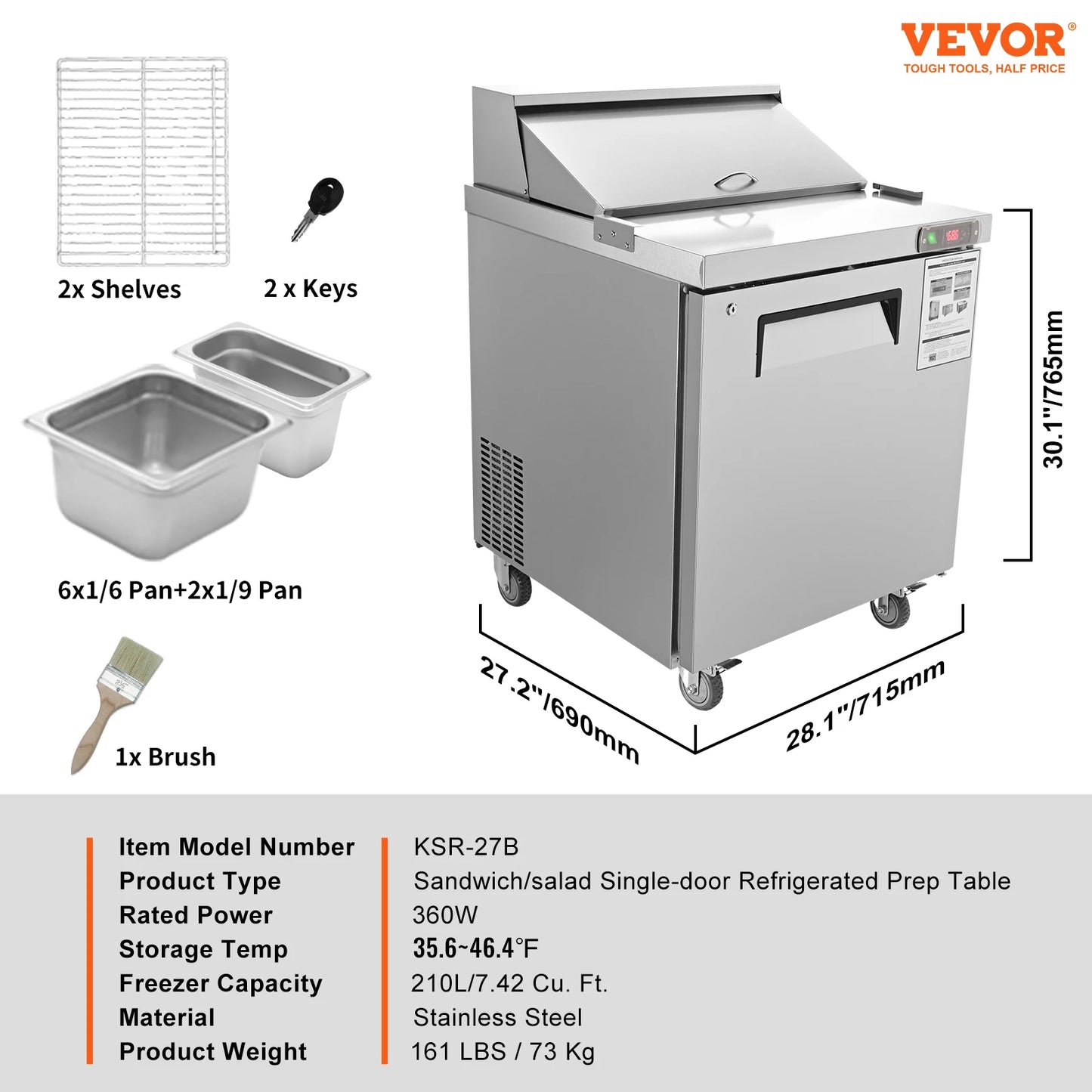 VEVOR 72" Sandwich & Salad Prep Table17.73 CuFt Stainless Steel Refrigerated Food Prep Station with 18 PansCut for Restaurant